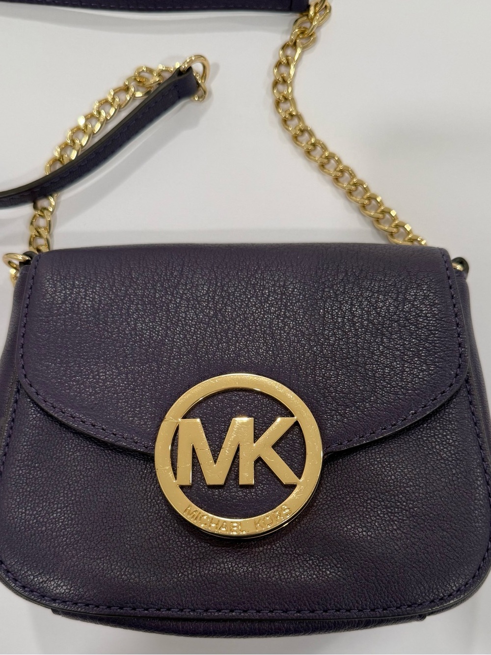 Michael Kors Crossbody Navy Blue Pebbled Leather Gold MK Logo Chain Strap Purse